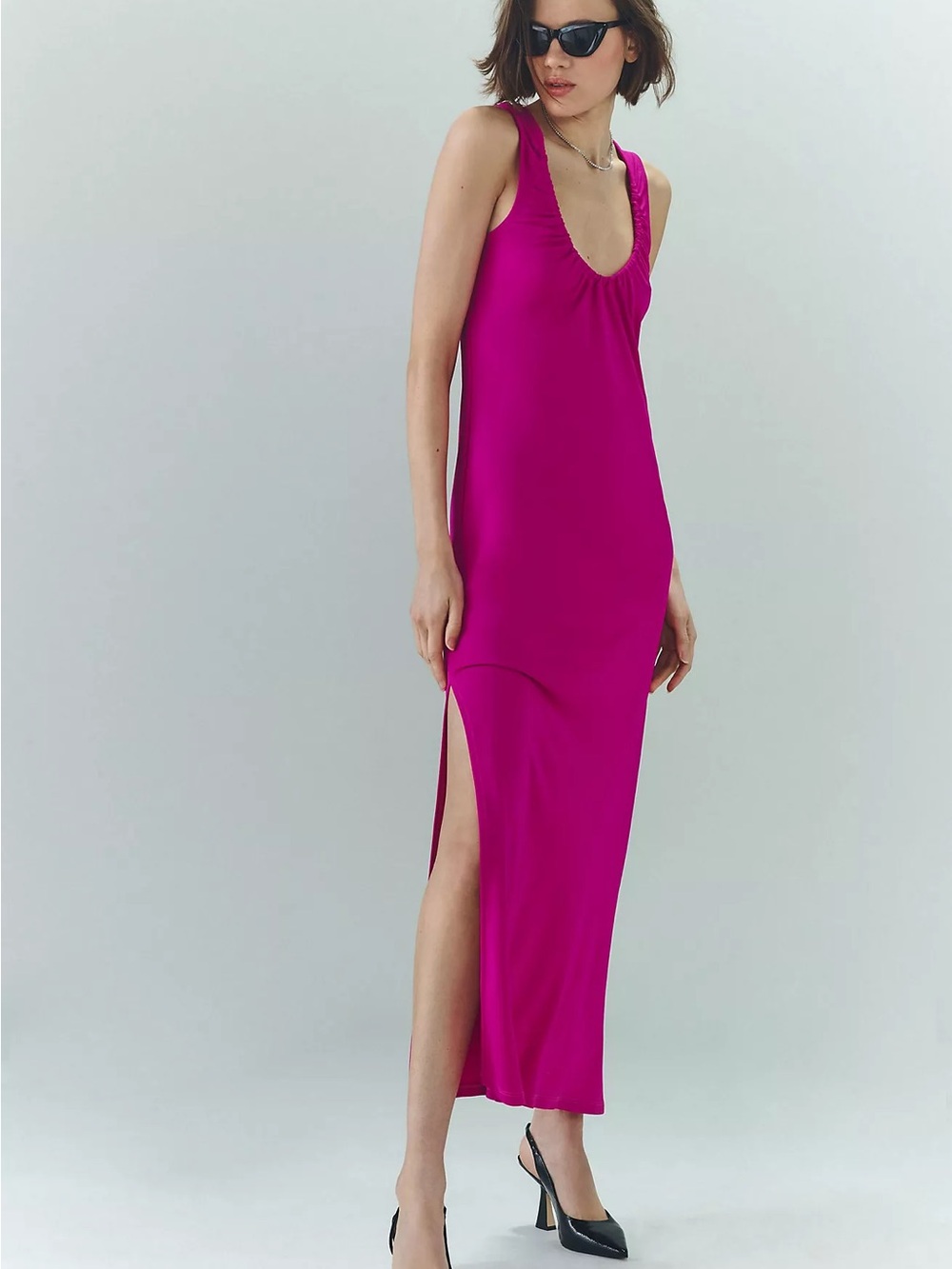 NWT Anthropologie Ruched Scoop Neck Midi Dress Magenta Size M